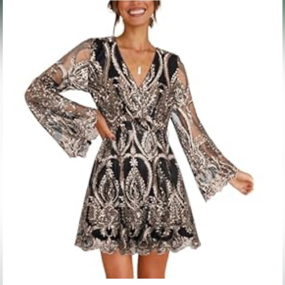 Elegant Black and Champagne Embroidered   Sequined Dress